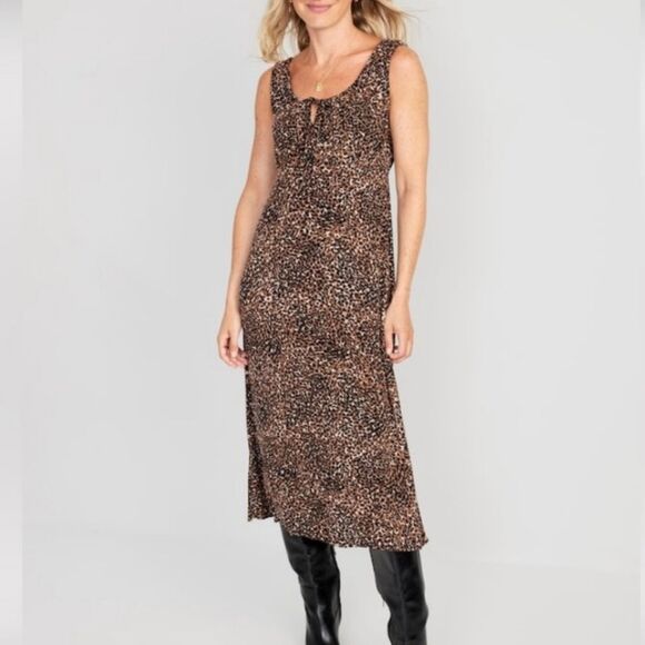 Old Navy Cheetah Animal Print Midi Soft Crepe Tie Front Dress Size Xl - Picture 1 of 9